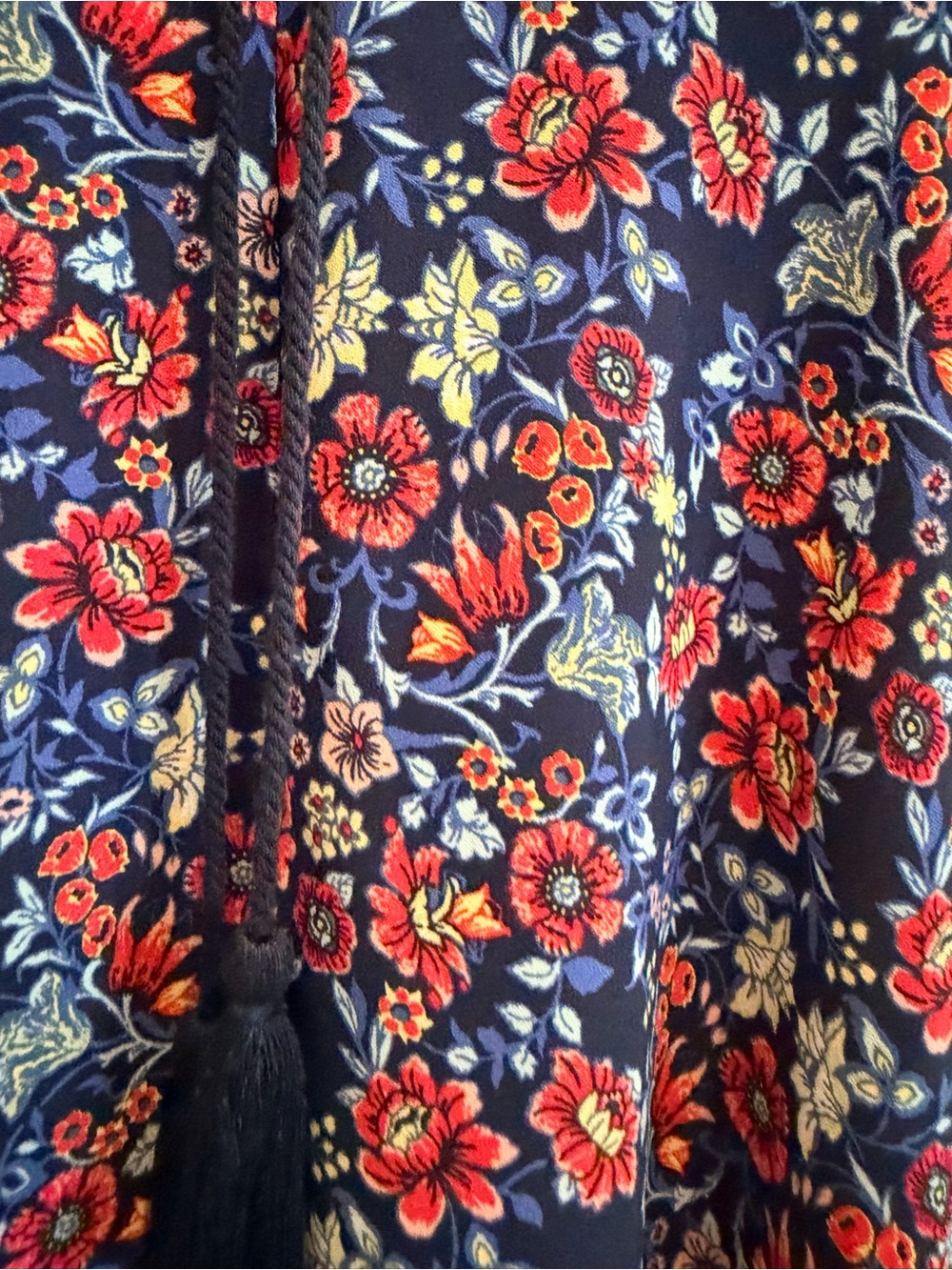 Xhilaration Navy Floral Boho Mini Dress Tassel Tie Smocked Pockets XS - Picture 3 of 16